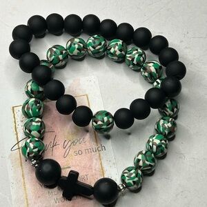 Black Matte & Green Mosaic Bead Bracelet Set
